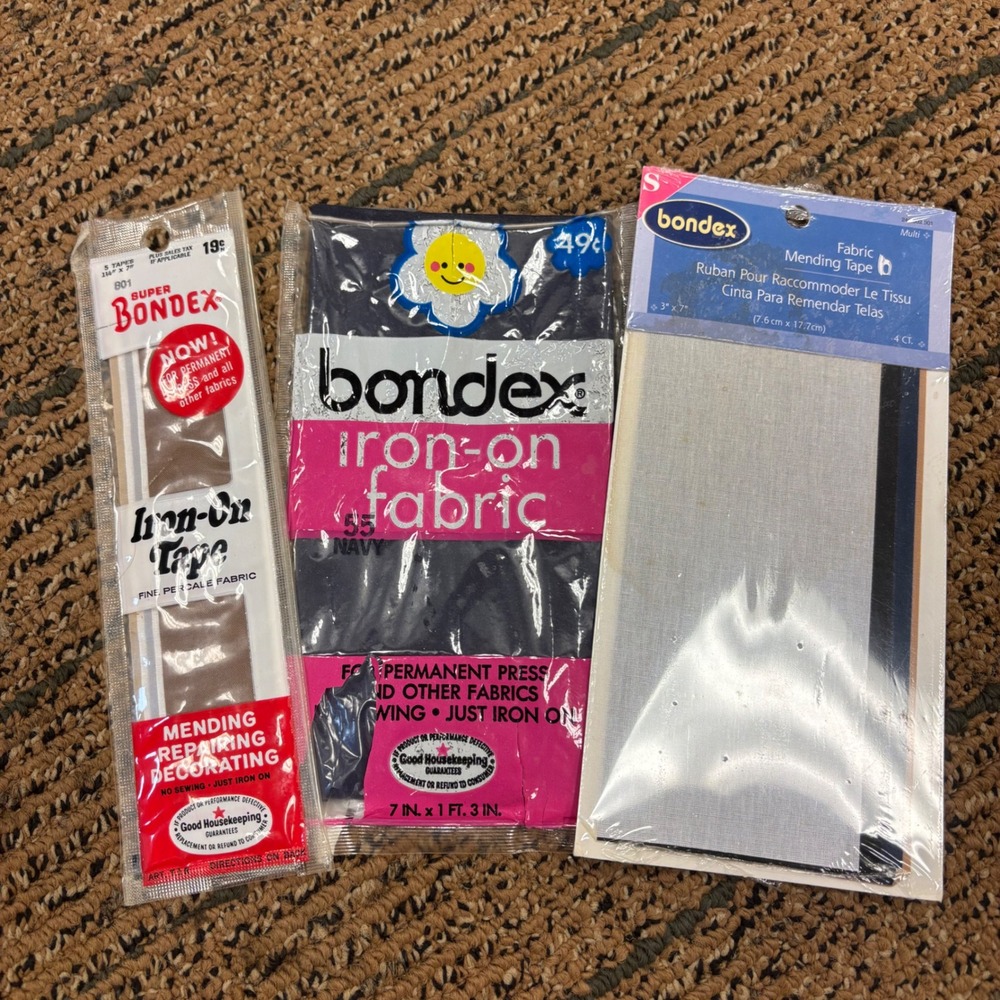 Vintage Bondex Iron-On Fabric Mending Tape Lot Navy Tan Multi Color No-Sew